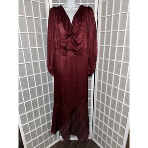 NWT Andree by Unit Long Sleeve Burgundy Maroon Satin Elegant Maxi Dress Size 1X
